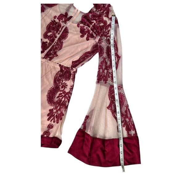MINIPINK Burgundy Sheer Mesh Romper Bell Sleeve Boho Festival Floral Size Small - Picture 7 of 16
